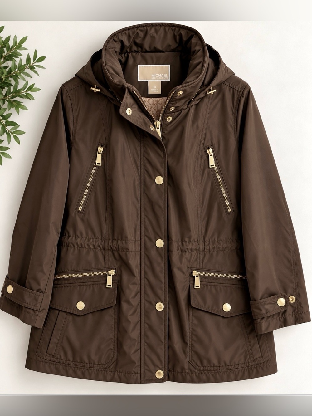 Michael Kors Brown Hooded Utility Parka Jacket Size 1X Gold Tone Hardware